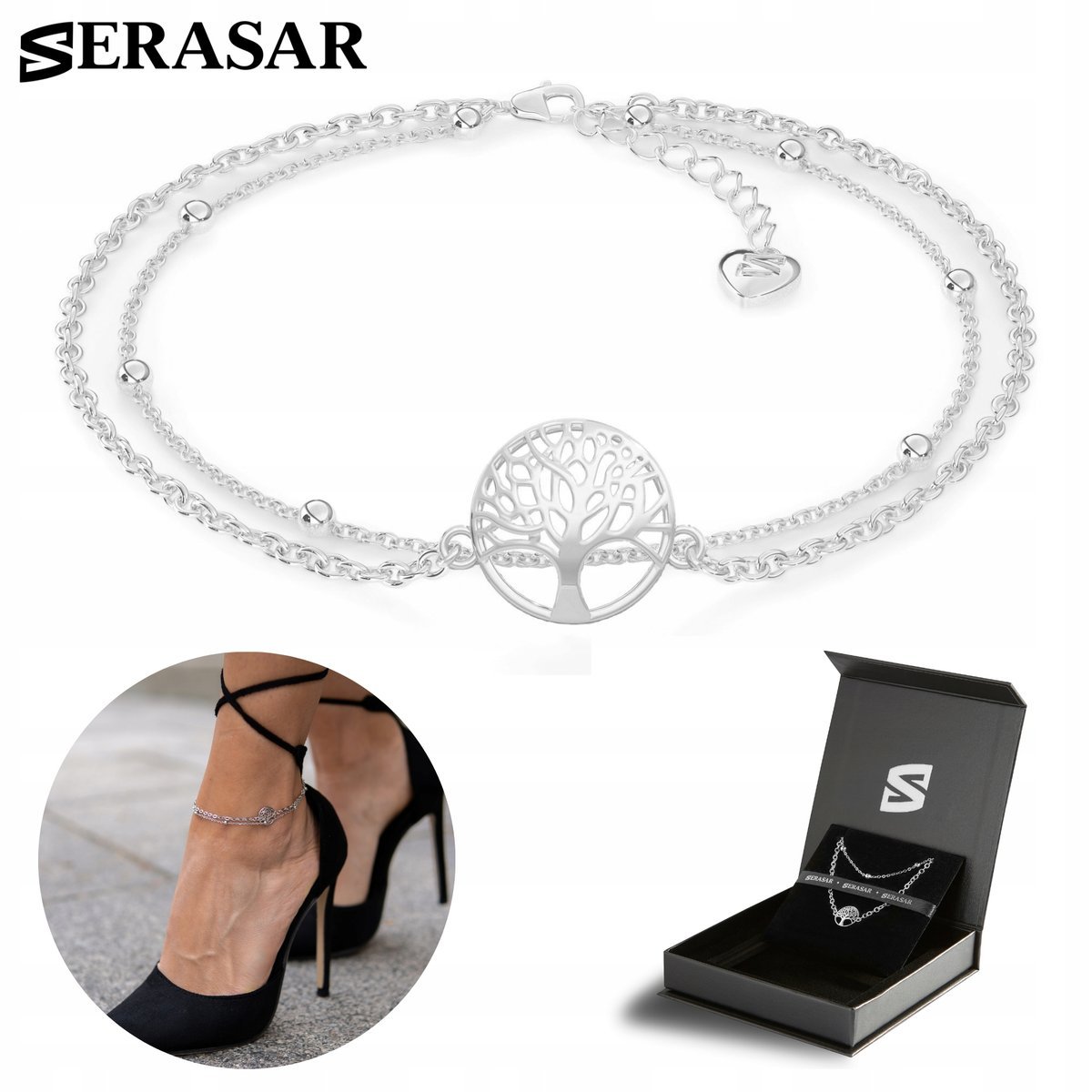 SERASAR, bransoletka na kostkę ze srebra próby 925 dla kobiet „Life” z powłoką z 18-karatowego złota, regulowana długość, kolor srebrny, w zestawie ..