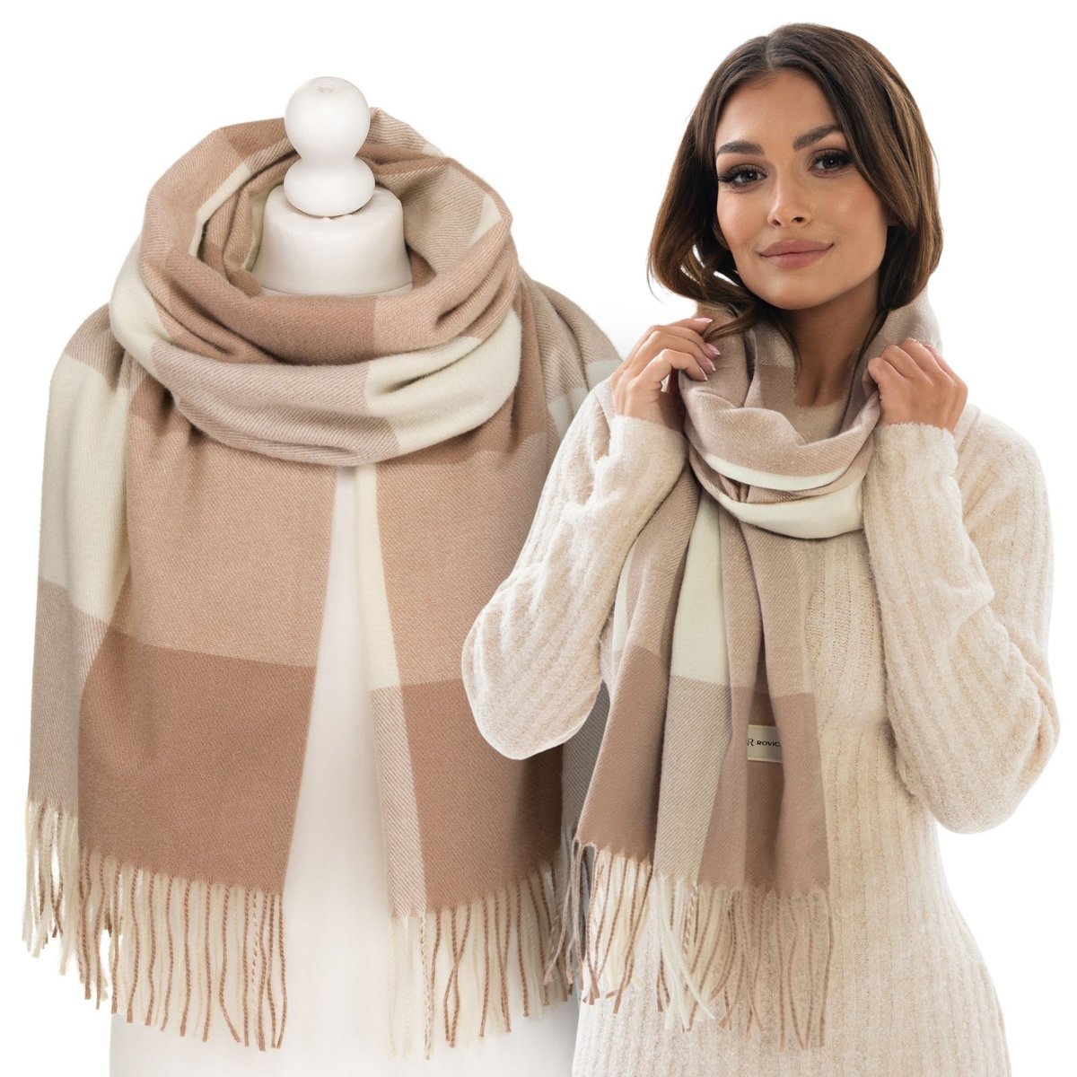 Szalik damski duży długi szal stylowy ciepły modny premium zimowy w kratkę Rovicky beżowy brązowy