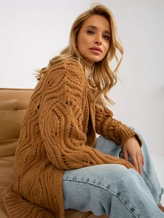 Swetry damskie - Kardigan camelowy casual sweter ażurowy narzutka rękaw długi długość długa - grafika 1