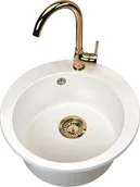 Zlewozmywaki z baterią - Zlewozmywak PREHNIT Zlewozmywak jednokomorowy okrągły VIVA biały + bateria złota - miniaturka - grafika 1