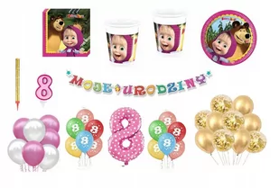Zestaw Urodzinowy Masza 8 Urodziny Balony Kubki Talerzyki Świeczka Cyfra - Miseczki i talerzyki dla dzieci - miniaturka - grafika 1