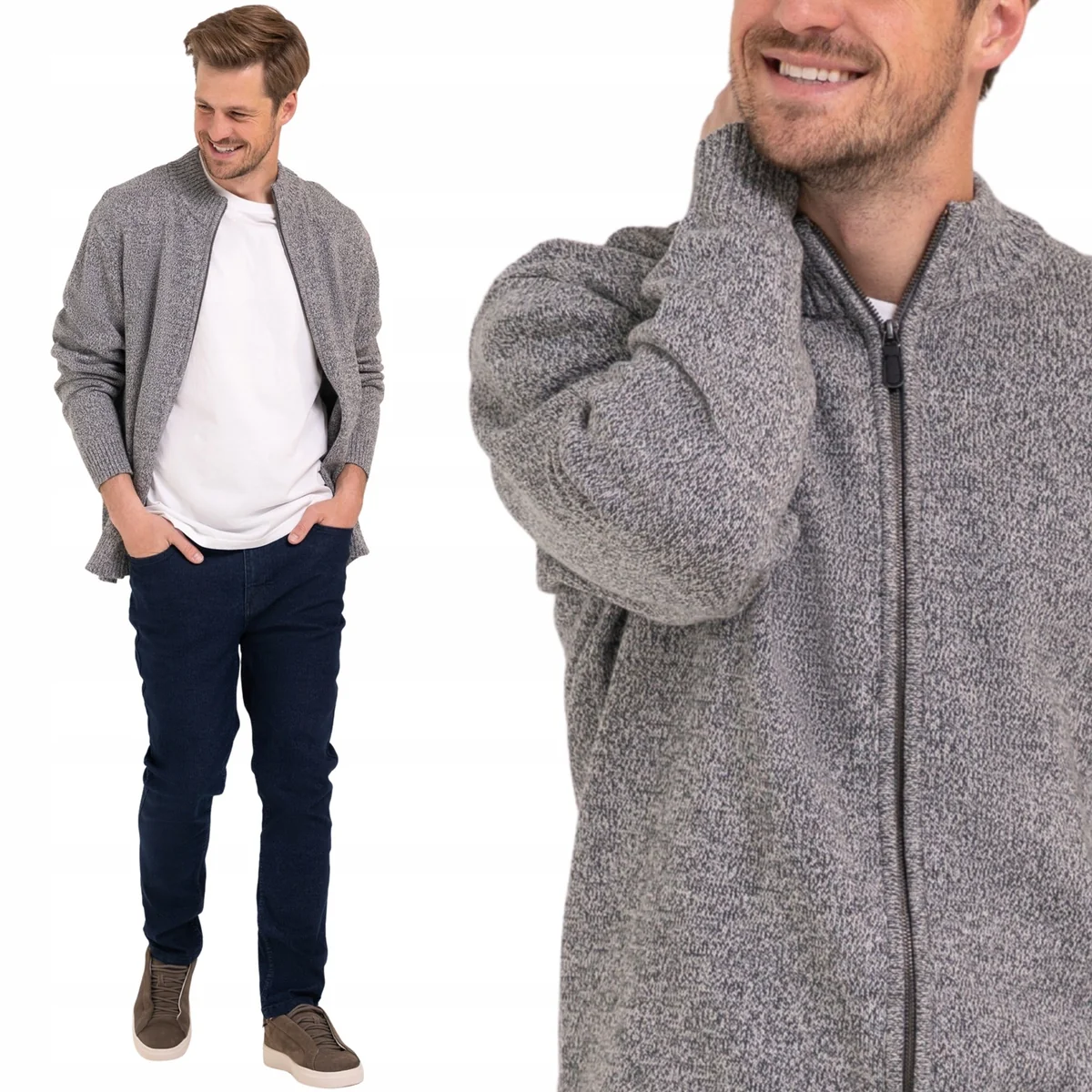 SWETER MĘSKI CIEPŁY MIĘKKI BAWEŁNIANY ZE STÓJKĄ ZAPINANY NA ZAMEK MORAJ L LIGHT GREY