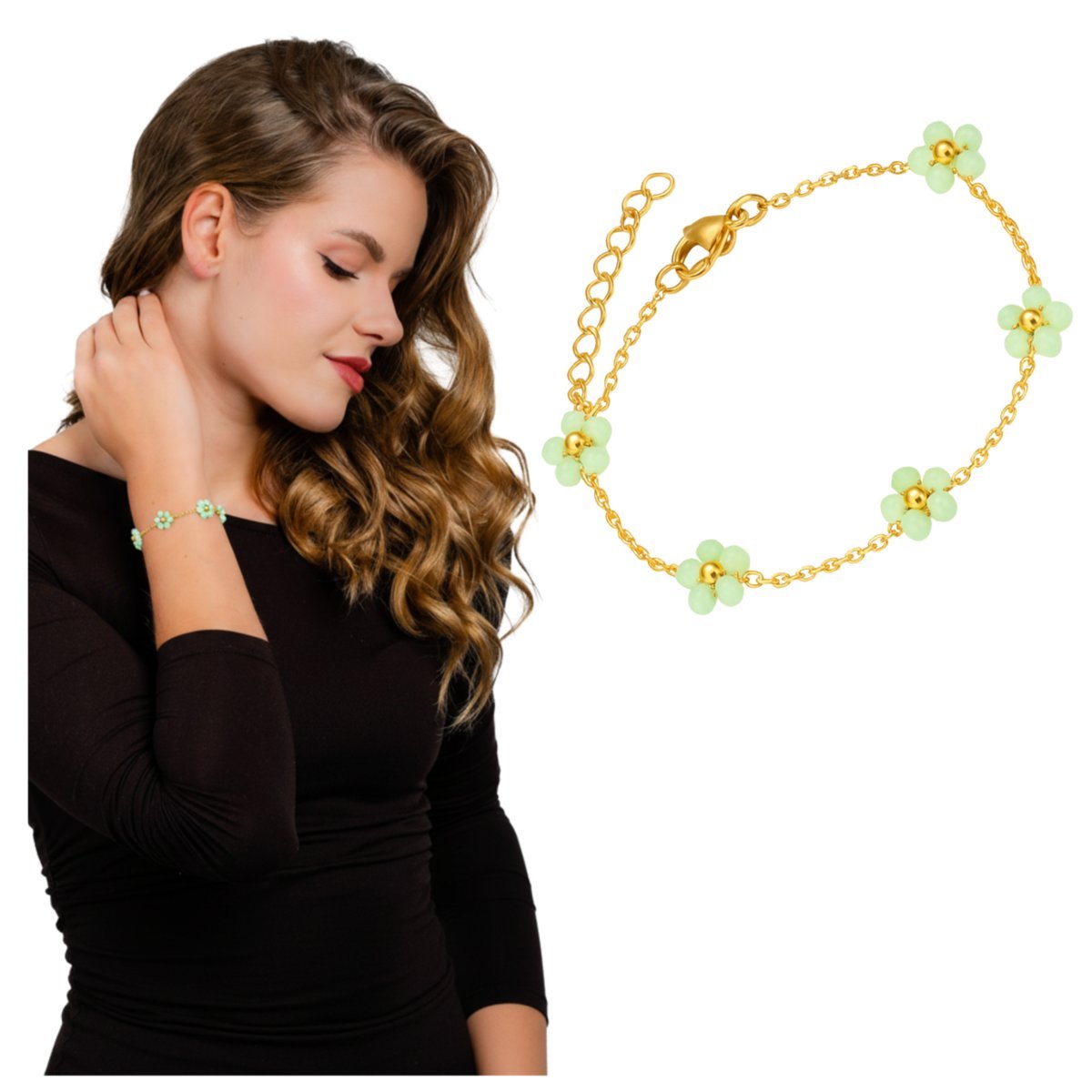 Bransoletka Złota Z Koralikami Stal Chirurgiczna 316L Kwiatki Pozłacana