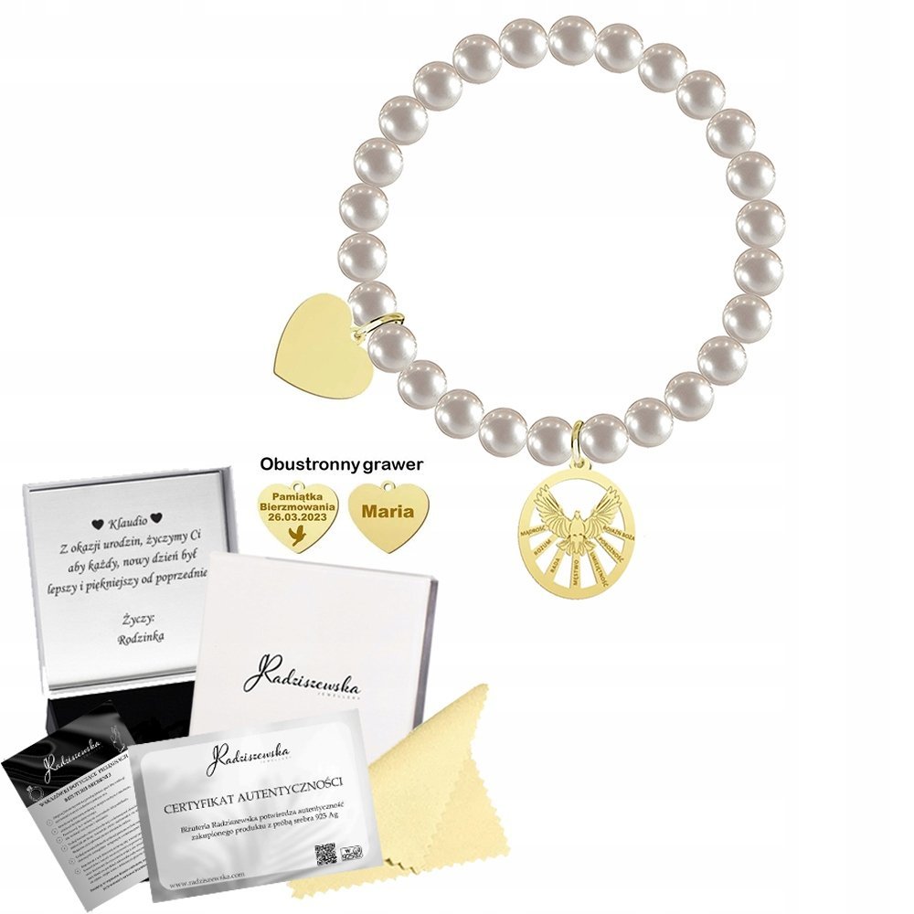 Bransoletka Złota Uniwersalna Duch Święty Perły 925 Serce Grawer Prezent