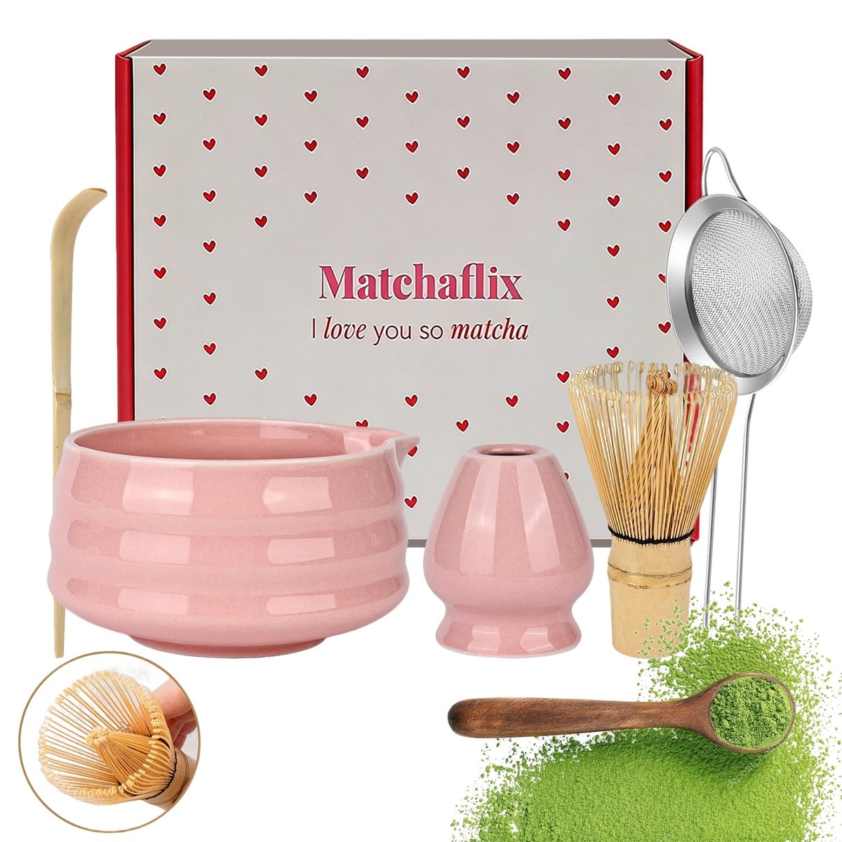 Różowy zestaw do herbaty matcha 5sz trzepacza, łyżka, miska podstawka sitko