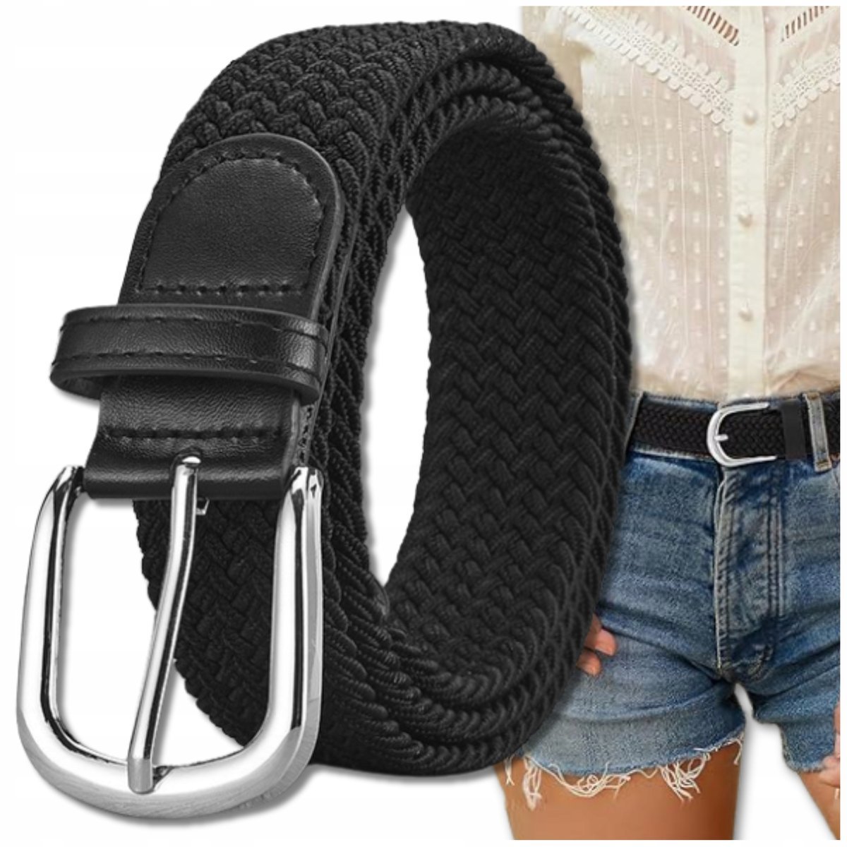 Pasek Do Spodni Czarny Elastyczny Parciany Męski Damski Pleciony Taktyczny