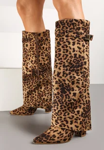 Brązowe Kozaki w Panterkę na Słupku z Wywiniętą Cholewką Gafsena - Kozaki damskie - miniaturka - grafika 1