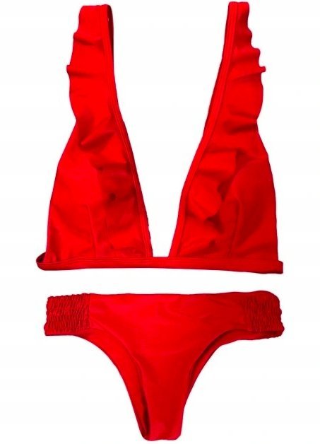 CZERWONY STRÓJ KĄPIELOWY BIKINI Z FALBANKĄ – ROZMIAR M