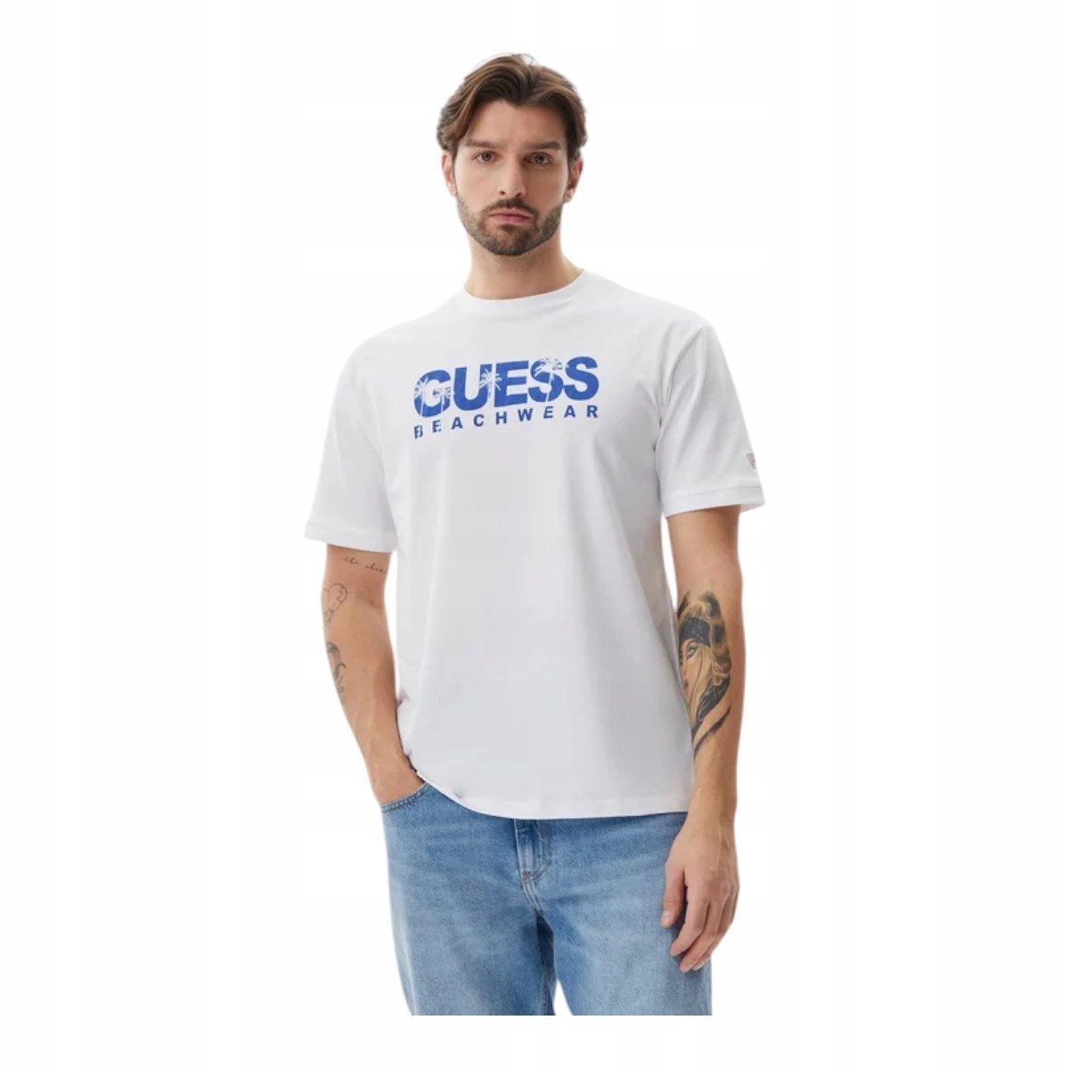 GUESS KOSZULKA MĘSKA T-SHIRT SS CN GUESS LOGO TEE BIAŁA r.XL