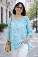 Bluzki damskie - Bluzka damska oversize Włoska 100% bawełna turkusowo biała boho kwiaty - miniaturka - grafika 1