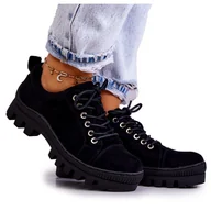 Półbuty damskie - S.Barski Damskie Zamszowe Półbuty Wiązane Czarne Mayson - miniaturka - grafika 1