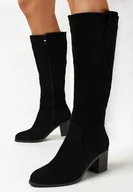 Kozaki damskie - Czarne Kozaki Przed Kolano z Imitacji Zamszu na Słupku Sinojesa - miniaturka - grafika 1