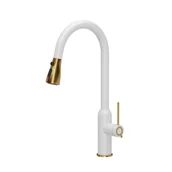 Baterie kuchenne - QUADRON Bateria zlewozmywakowa stalowa JESSICA Q LINE Very White z wyciąganą wylewką i funkcją prysznica kolor biały mat/wykończenie złote - miniaturka - grafika 1