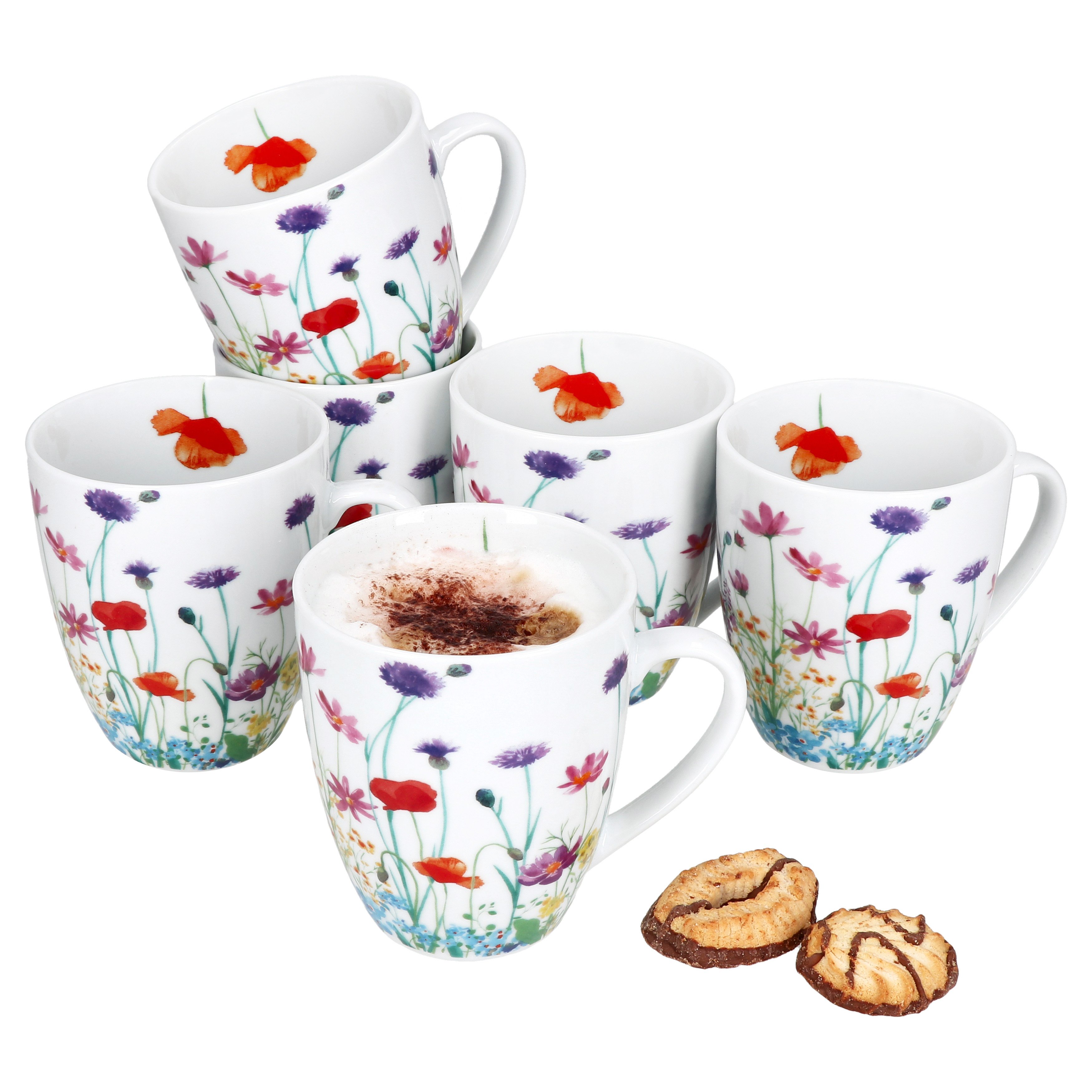 zestaw 6 kubków do kawy Marie 320ml porcelanowe kubki 6 osób kwiaty herbata kakao