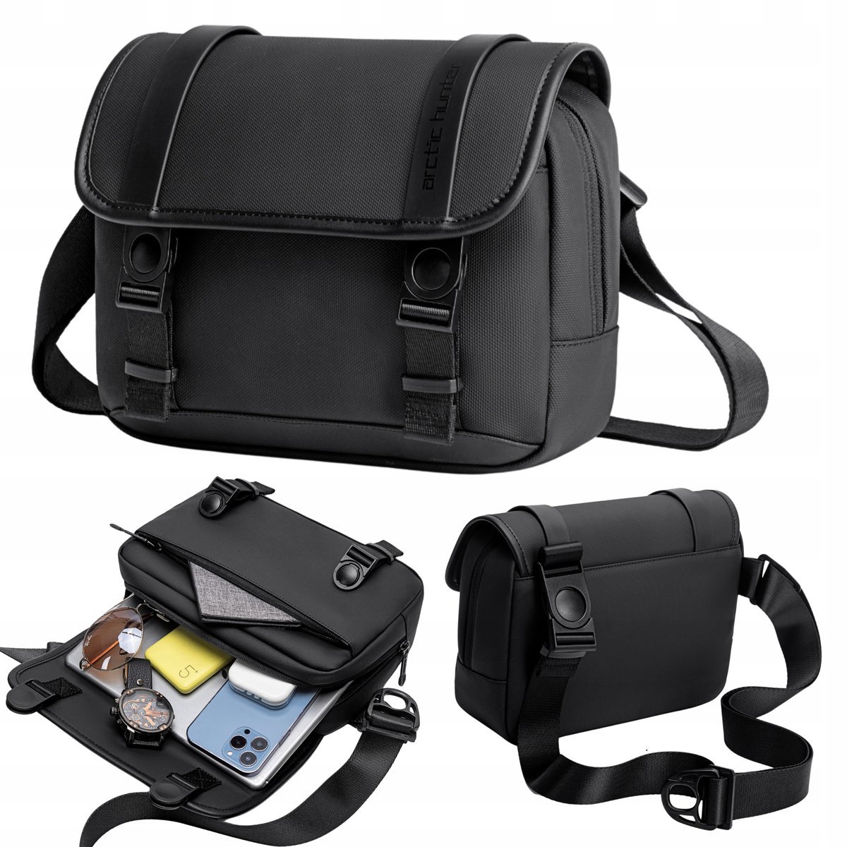 Torebka listonoszka czarna na ramię miejska wodoodporna elegancka na tablet 10,2″ 5,8 l Arctic Hunter K00568Black