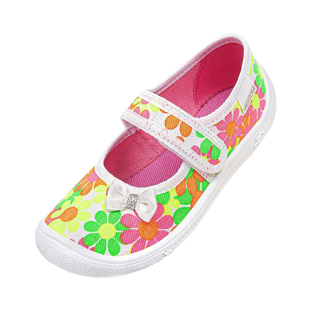 Dziewczęce kolorowe kapcie w kwiaty z kokardką 3D