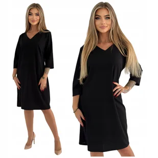 ELEGANCKA TRAPEZOWA CZARNA SUKIENKA Z DEKOLTEM W SEREK ROZMIAR 46 - Sukienki - miniaturka - grafika 1
