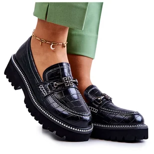 S.Barski Skórzane Półbuty Wężowe Z Ozdobą Czarne Adison - Półbuty damskie - miniaturka - grafika 1