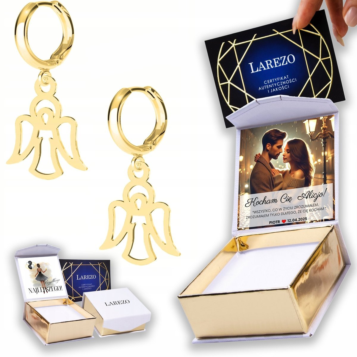 Złote Kolczyki 925 Blaszki z Aniołami Anioły Aniołki Angel NADRUK