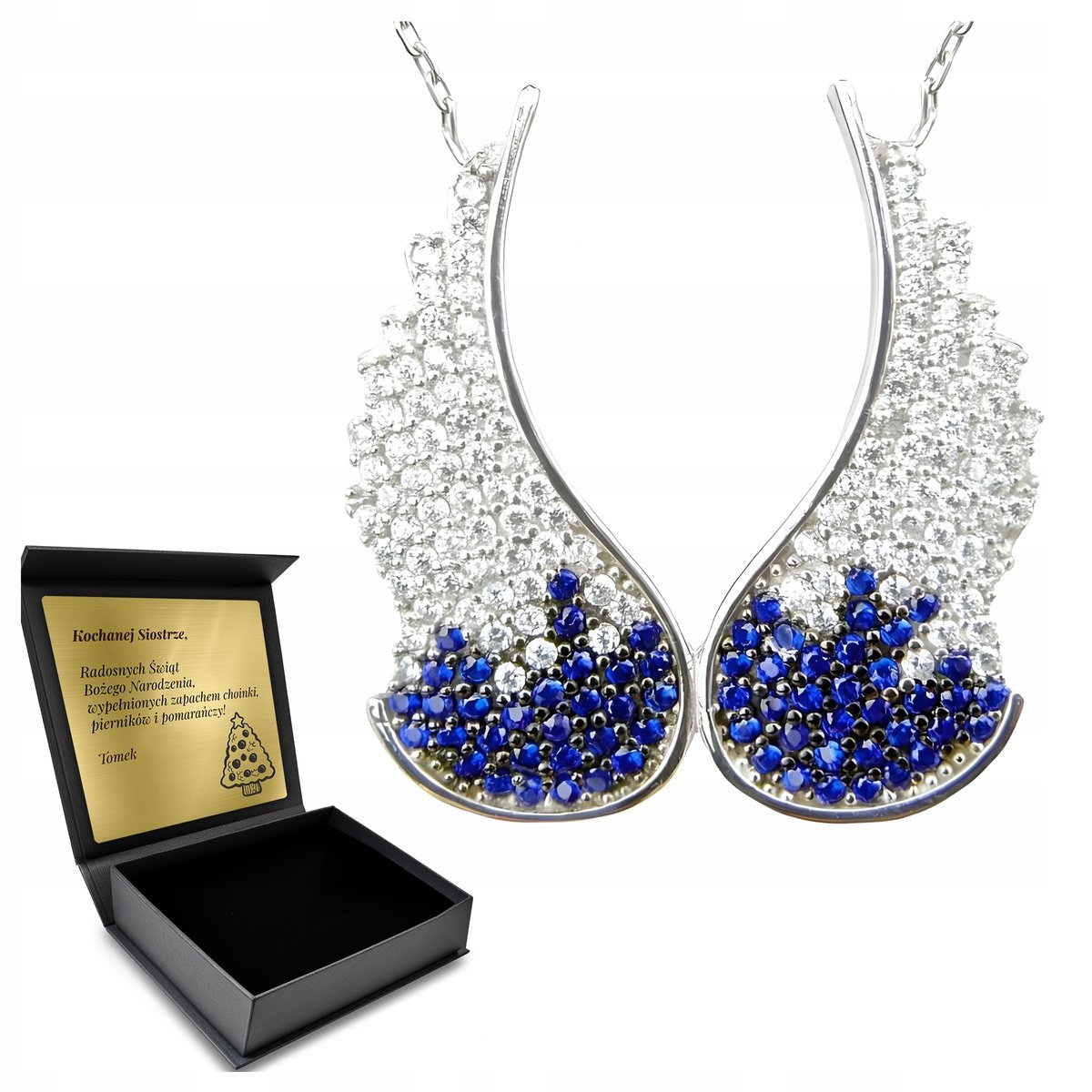 Łańcuszek Naszyjnik Srebrny Skrzydła Anioła Cyrkonie Zjawiskowy Grawer