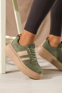 Zielone sneakersy damskie creepersy na platformie beżowe wstawki sznurowane Carla 9156 - Półbuty damskie - miniaturka - grafika 1