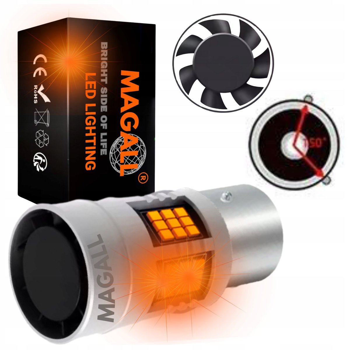 ŻARÓWKA LED PY21W BAU15S MAGALL FAN-CAN POMARAŃCZOWE CANBUS KIERUNKOWSKAZ