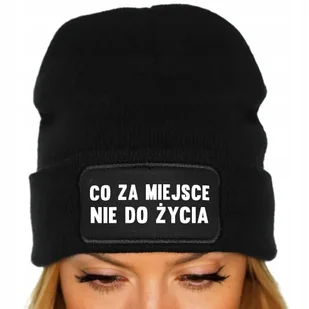 Czapka Jesienna Bawełniana ZIMOWA Czarna CO ZA MIEJSCE NIE DO ŻYCIA Wzory - Czapki damskie - miniaturka - grafika 1