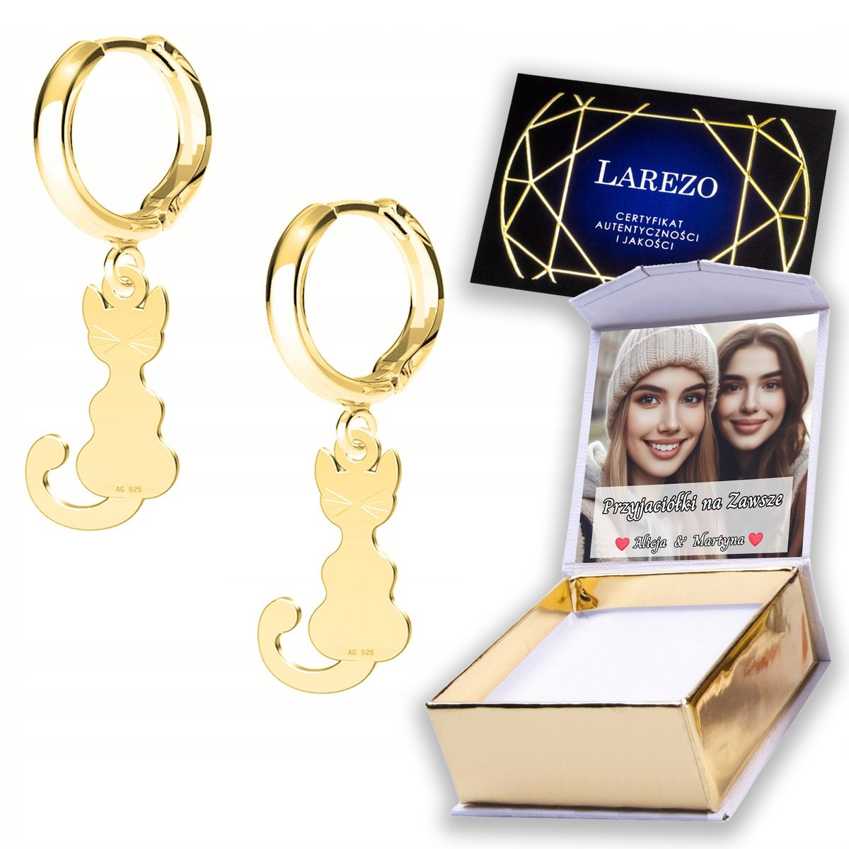 Złote Kolczyki 925 Koty Kotki Blaszki z Kotami Kotek Kot Pupil NADRUK