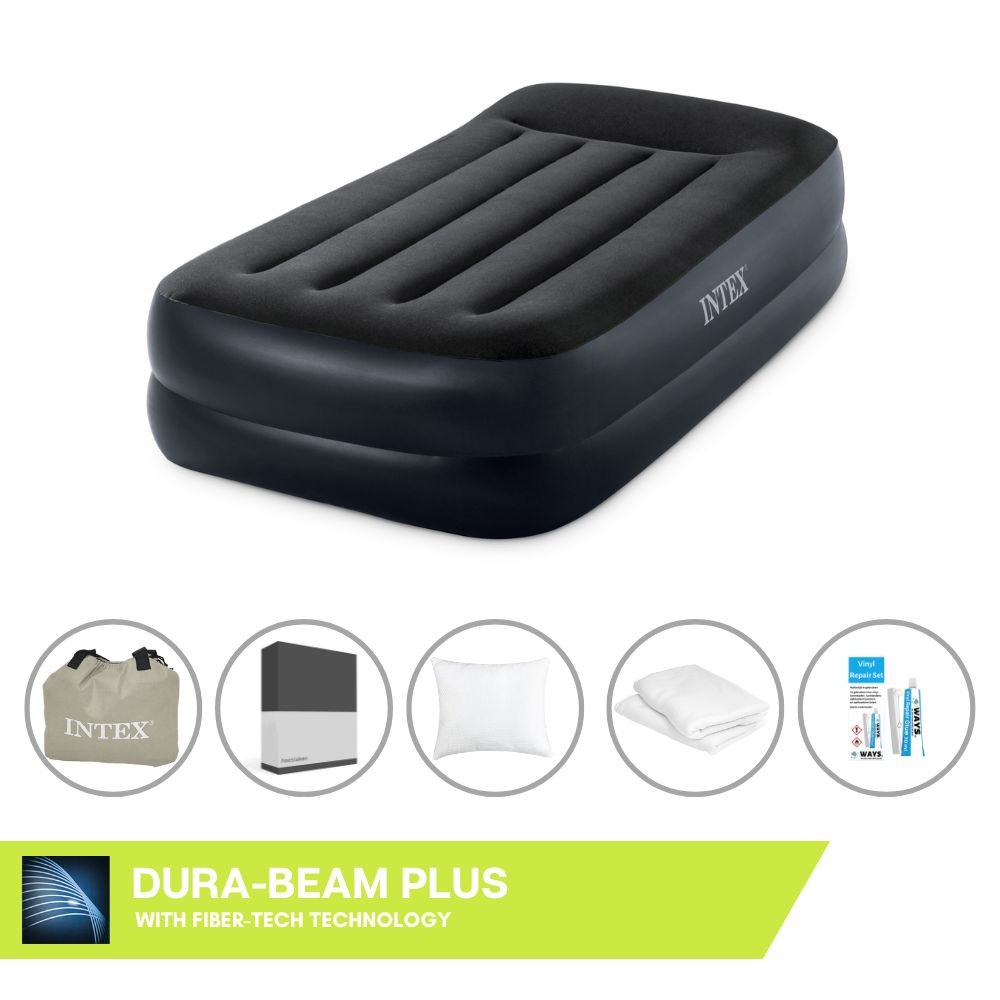 Łóżko dmuchane Intex - 1 osoba - 99 x 191 x 46 cm - Niebieskie - Z pompką + prześcieradło czarne + poduszka + poszewki Molton 2 w 1 + zestaw naprawczy