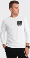 Koszulki męskie - Ombre Longsleeve męski z printem w kształcie kieszonki - biały V1 OM-LSPT-0118 M - miniaturka - grafika 1