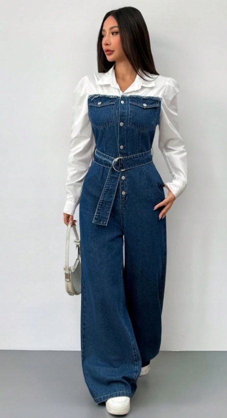 SHEIN KOMBINEZON JEANSOWY Z PASKIEM I GUZIKAMI CASUAL S 1MA