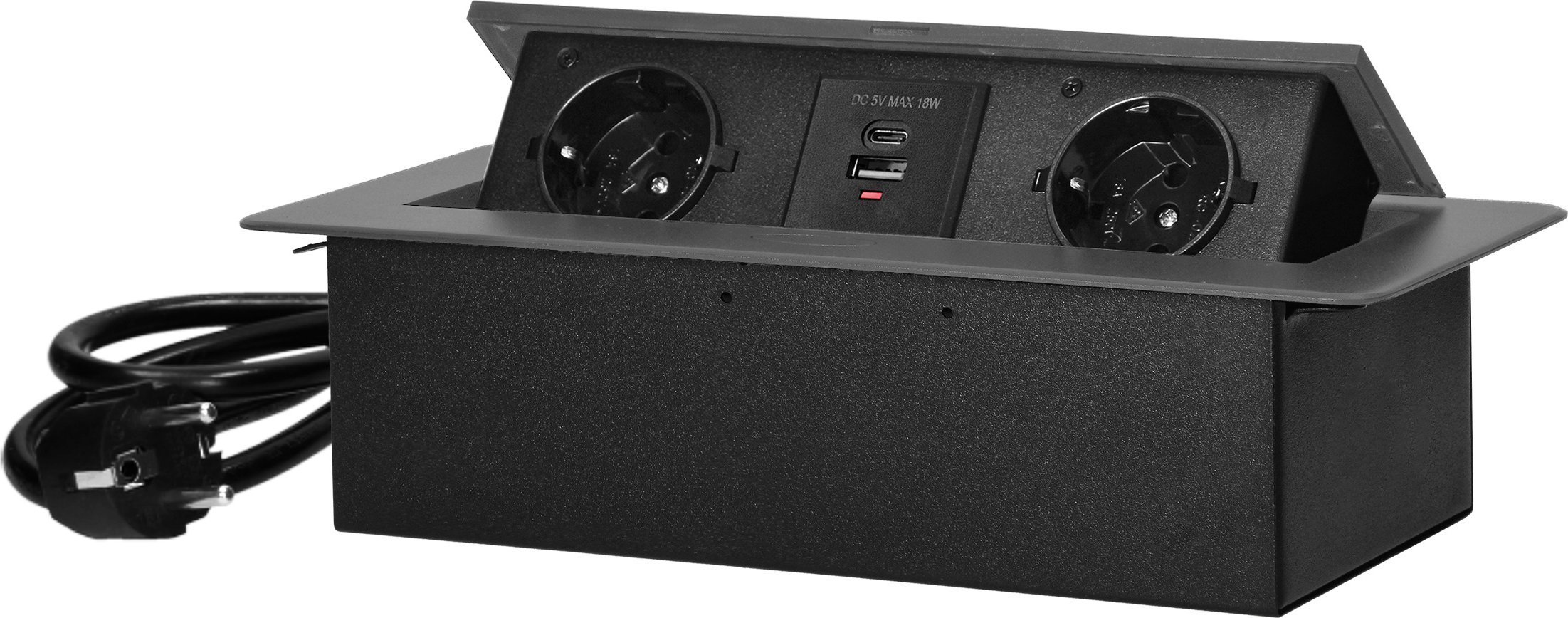 Orno Gniazdo meblowe wpuszczane w blat z płaskim frezowanym rantem, ładowarką USB i przewodem 1,5m, 2x2P+Z Schuko, 2xUSB typ A+C; 3,6A, grafitowe