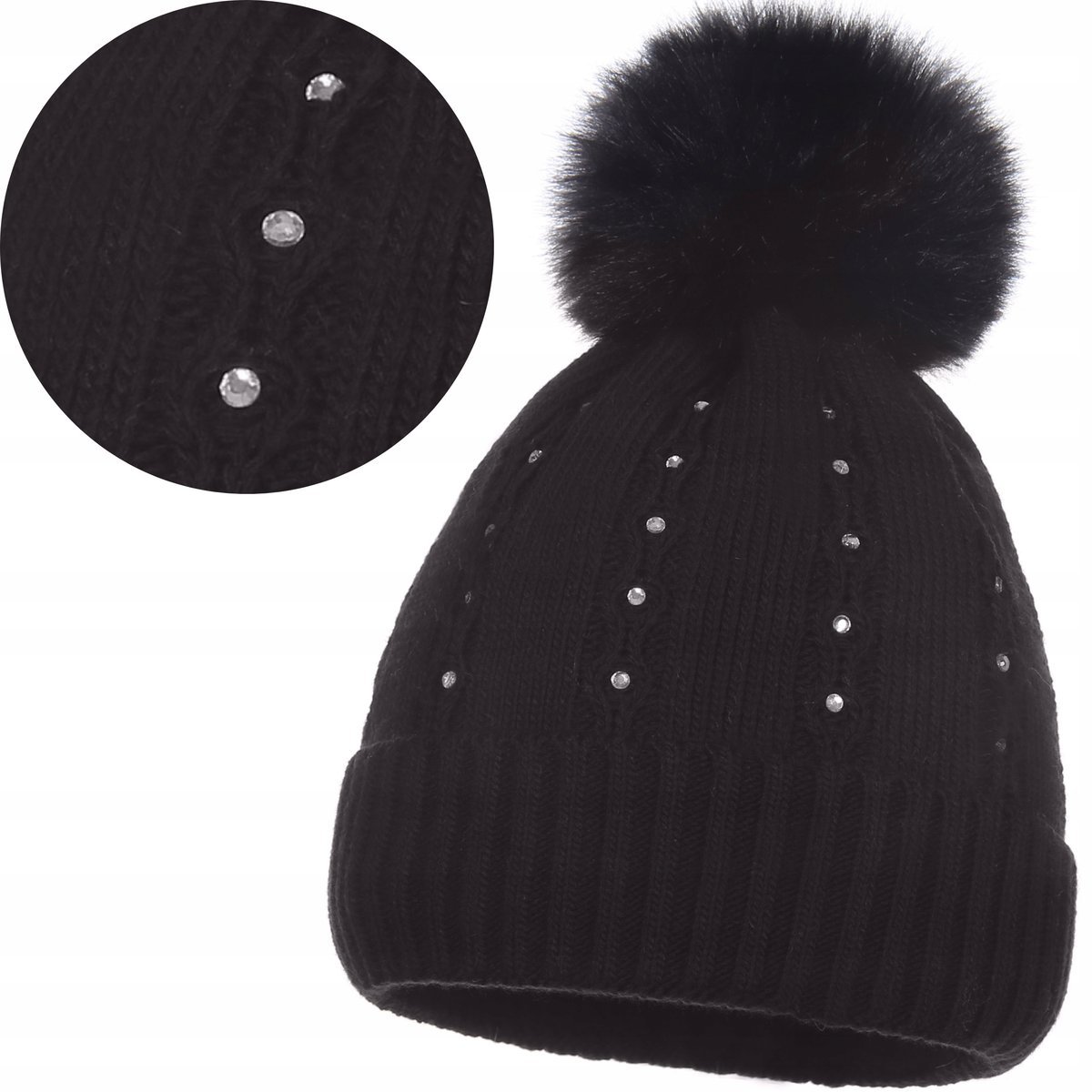 Czapka Zimowa Damska Ocieplana Z Pomponem Ozdobne Dżety Czarny Czerń