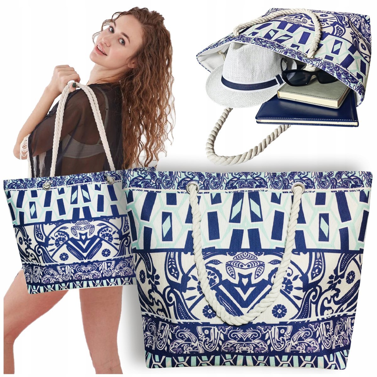 TORBA PLAŻOWA MARYNARSKA W PASKI ZAPINANA MIEJSKA SHOPPER NA ZAKUPY PLAŻĘ