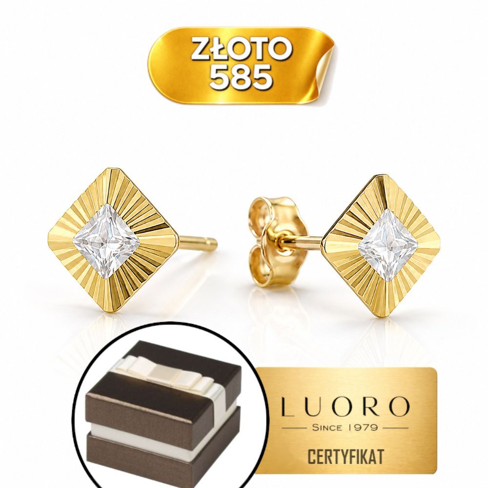KOLCZYKI ZŁOTE 585 14K ROMBY CYRKONIA DIAMENTOWANA OPRAWA SZTYFT 0,63 CM