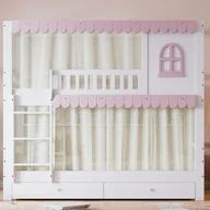 Łóżka dla dzieci i młodzieży - Drewniane łóżko piętrowe - 90x200 cm - z 2 szufladami i półkami - Biało-różowe (z zasłonami) - miniaturka - grafika 1