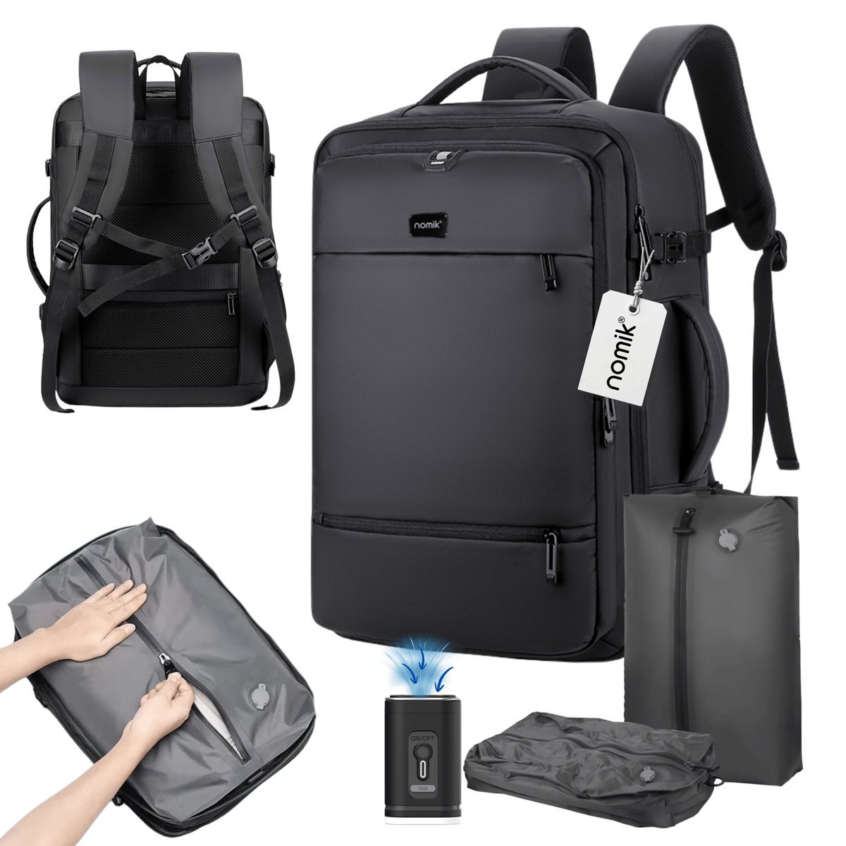Plecak PRÓŻNIOWY do samolotu Plecak podróżny Bagaż podręczny Plecak + wkład próżniowy z pompką Bagaż Plecak kabinowy Wizzair Ryanair CZARNY / NOMIK