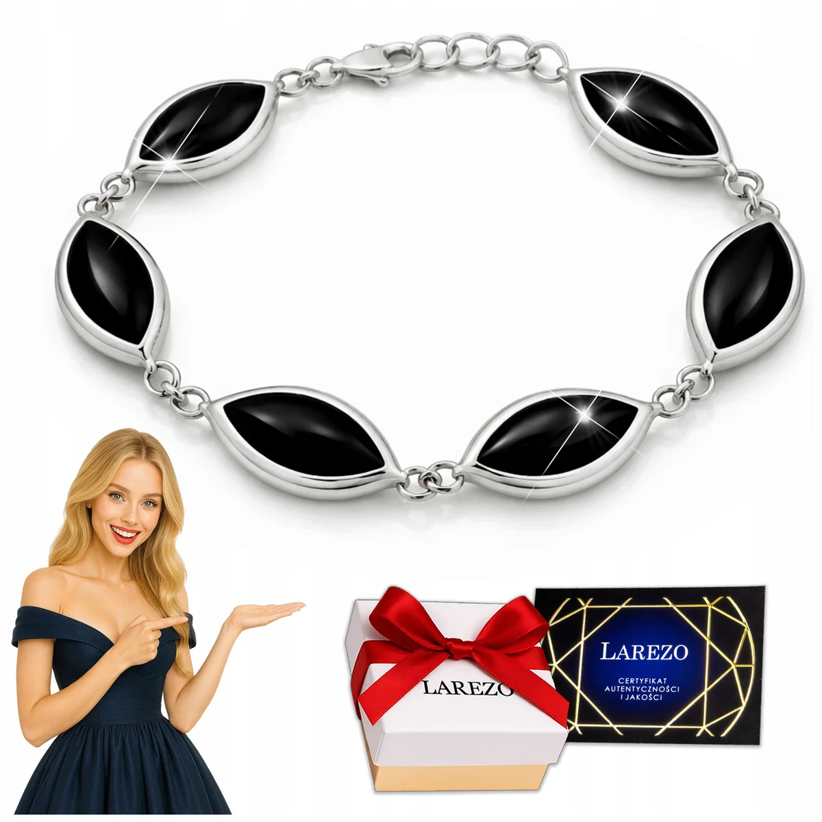Bransoletka Czarny Onyks Onyx Srebrna Damska z Czarnym Onyksem SREBRO 925