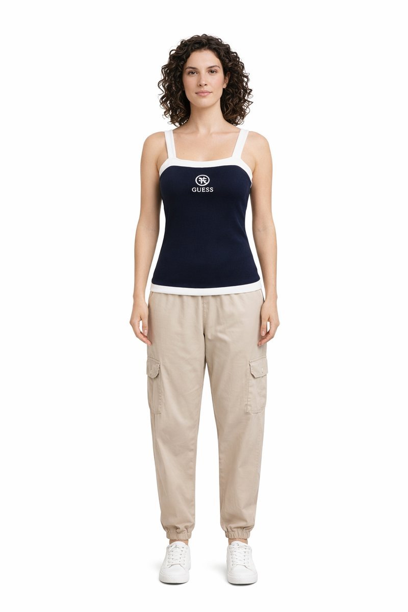 GUESS GRANATOWY TOP NA SZEROKICH RAMIĄCZKACH Z BIAŁĄ LAMÓWKĄ XS I4A
