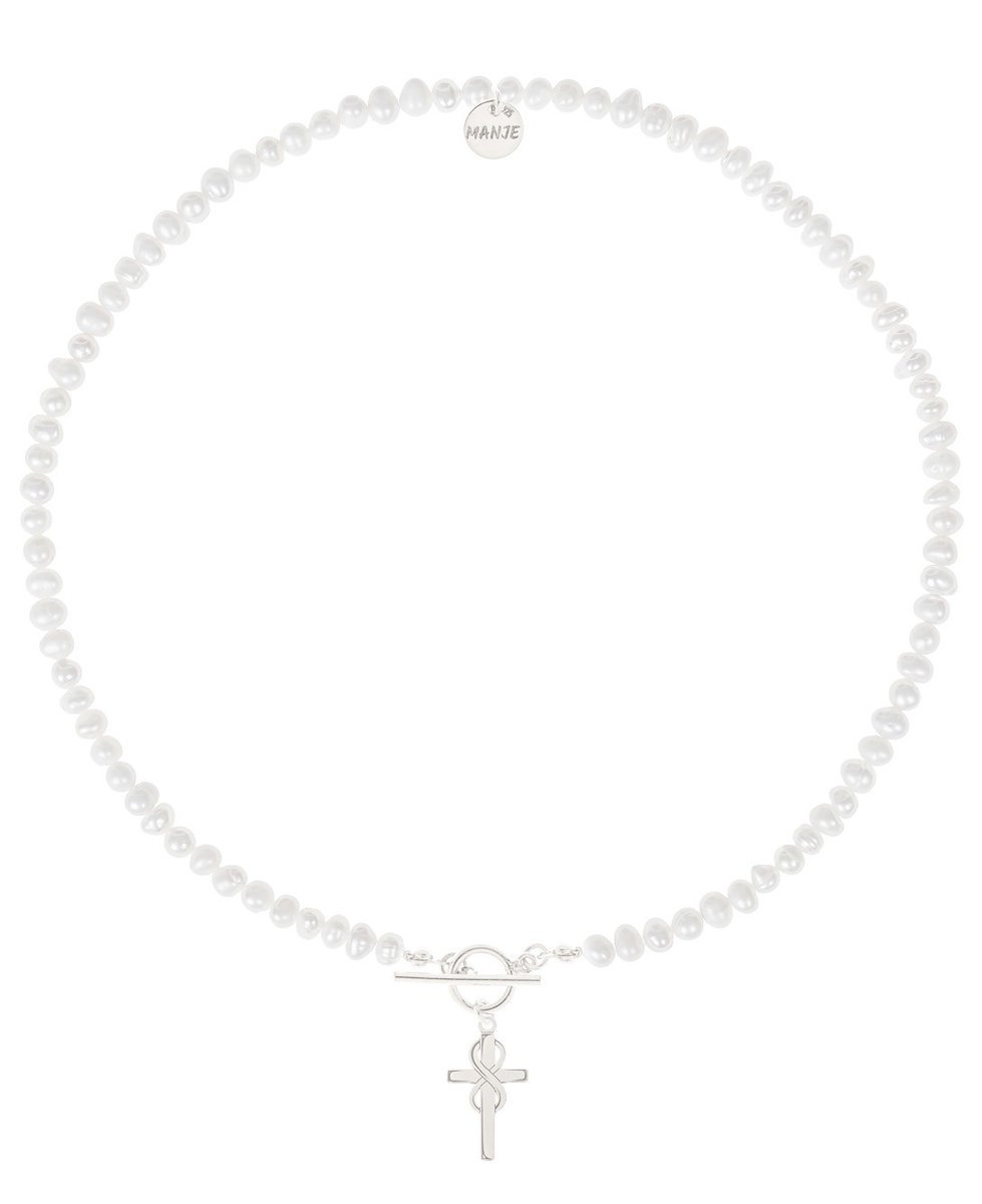 Naszyjnik z pereł ze srebrnym krzyżem i nieskończonością 42 cm