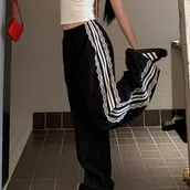 Inne - TEMU Spodnie Damskie w Stylu Vintage z Kontrastową Koronką i Paskami - Luźny Krój, Czarne z Białym Wykończeniem Koronki i Pasków, Wysoki Stan, Długa - miniaturka - grafika 1