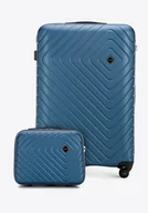 Walizki - Duża walizka i kosmetyczka z ABS-u z geometrycznym tłoczeniem ciemnoniebieskie - miniaturka - grafika 1