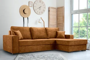 Sofa rozkładana ze schowkiem i funkcją spania - Sofa z automatycznym mechanizmem jezdnym, Tkanina welurowa, Narożnik tapicerowany, Tkanina Palladium, Solidna i wygodna 223 x 160 cm Złoty - Sofy i kanapy - miniaturka - grafika 1