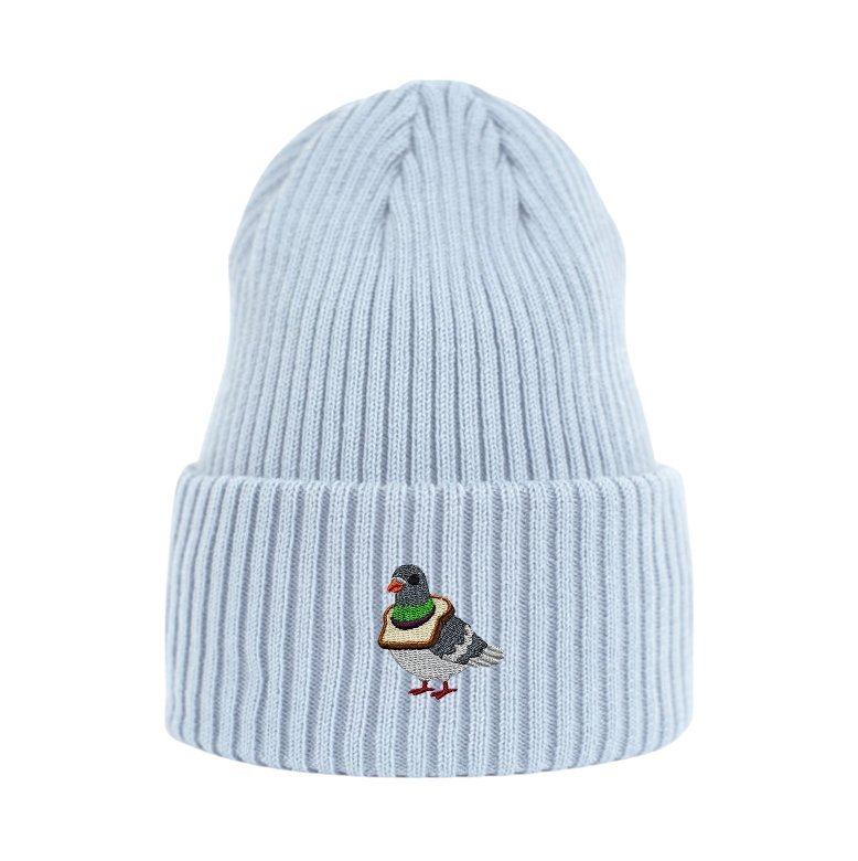 Haftowana czapka beanie - GOŁĄB Z CHLEBEM - jasnoniebieska