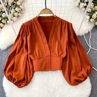 Koszule damskie - TEMU Bluzka Damska z Eleganckim Dekoltem w Serek i Latarniankowymi Rękawami - Wysoki Stan, Krótki Fason z Asymetrycznym Detalem, Jednokolorowa, - miniaturka - grafika 1