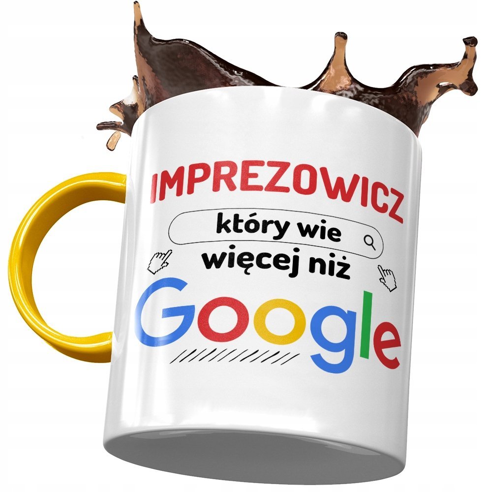 Kubek Żółty Dla Imprezowicza Wie Więcej Niż Google z Nadrukiem ze Zdjęciem + Opakowanie na prezent (wzór 01)