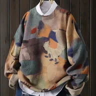 Swetry damskie - TEMU Elegancki Sweter z Nadrukiem Liści dla Kobiet - Luźny Krój, Długi Rękaw, Okrągły Dekolt, Kolorowy Blok Wzoru, Casualowa Bluzka na Jesień i Zimę, - miniaturka - grafika 1