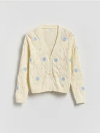 Swetry dla dziewczynek - Reserved - Kardigan z kwiatową aplikacją - złamana biel - miniaturka - grafika 1