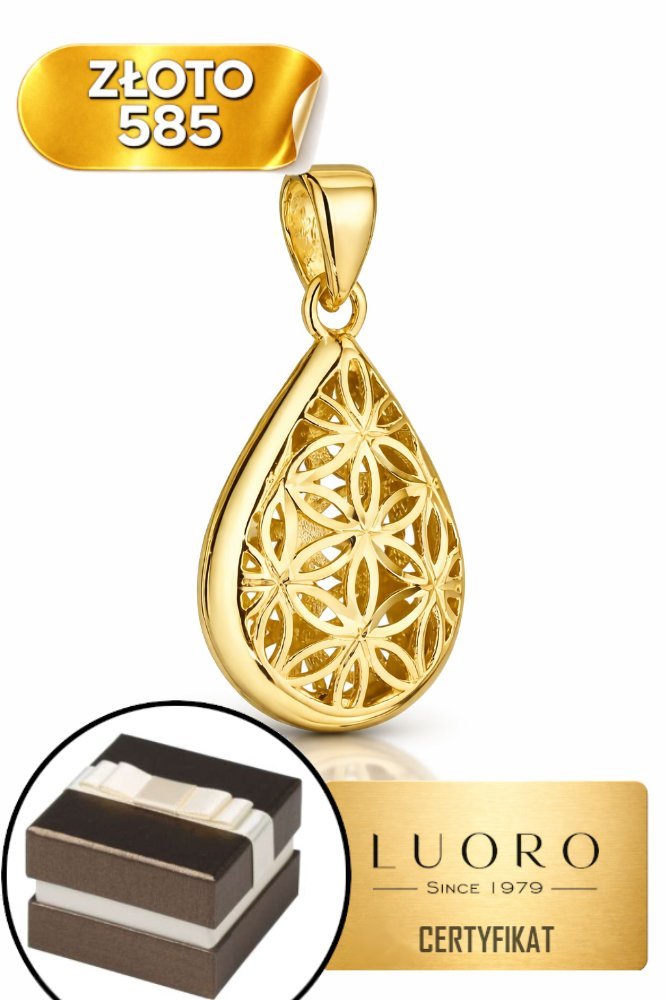 ZAWIESZKA ZŁOTA 585 14K AŻUROWA ŁEZKA Z KWIATAMI 22 MM ELEGANCKA