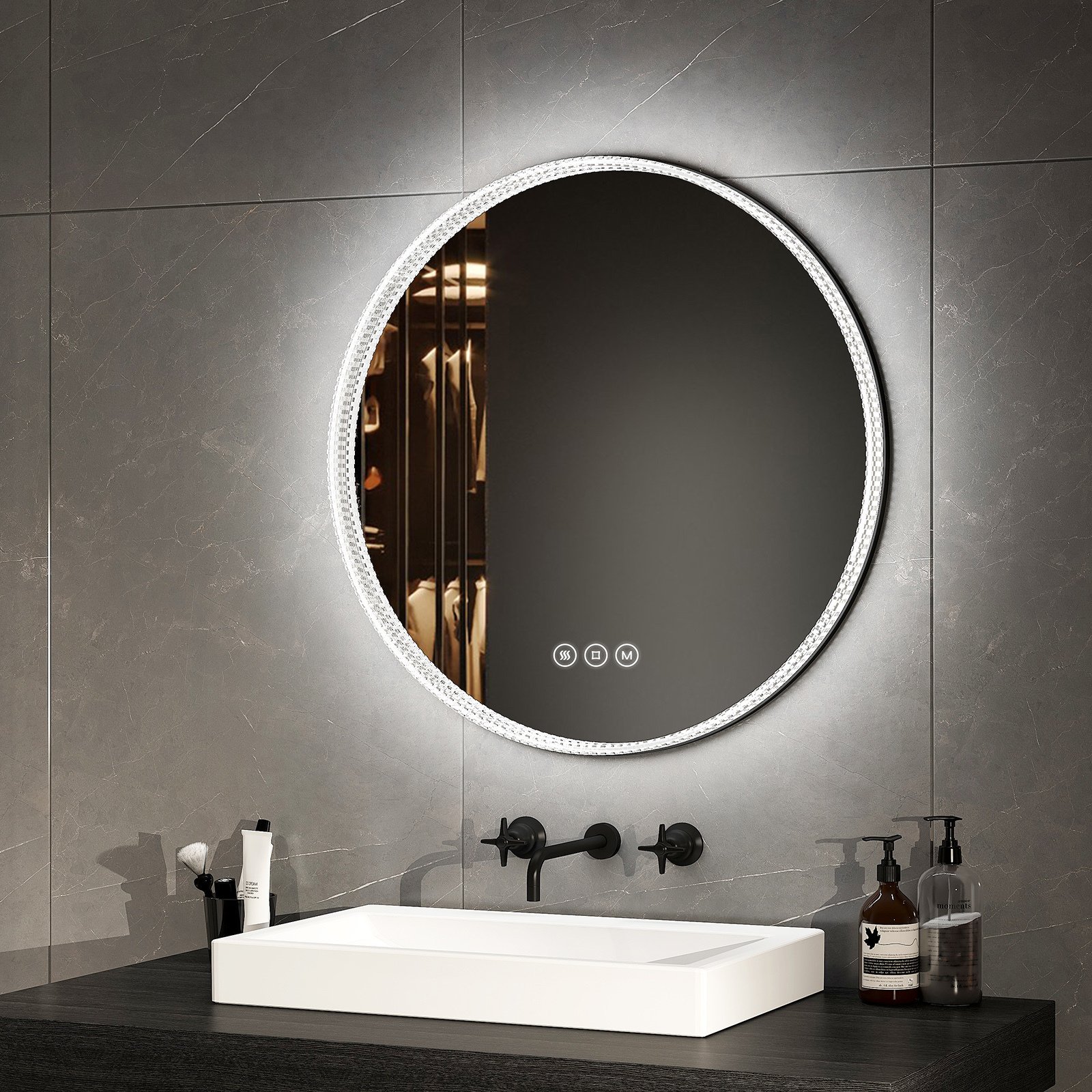 Lustro łazienkowe EMKE LED okrągłe 60 cm z funkcją przeciwmgielną i 3 kolorami światła, czarne lustro łazienkowe ściemniane z przełącznikiem dotykowym, funkcja pamięci, 3 godziny oszczędzania energii